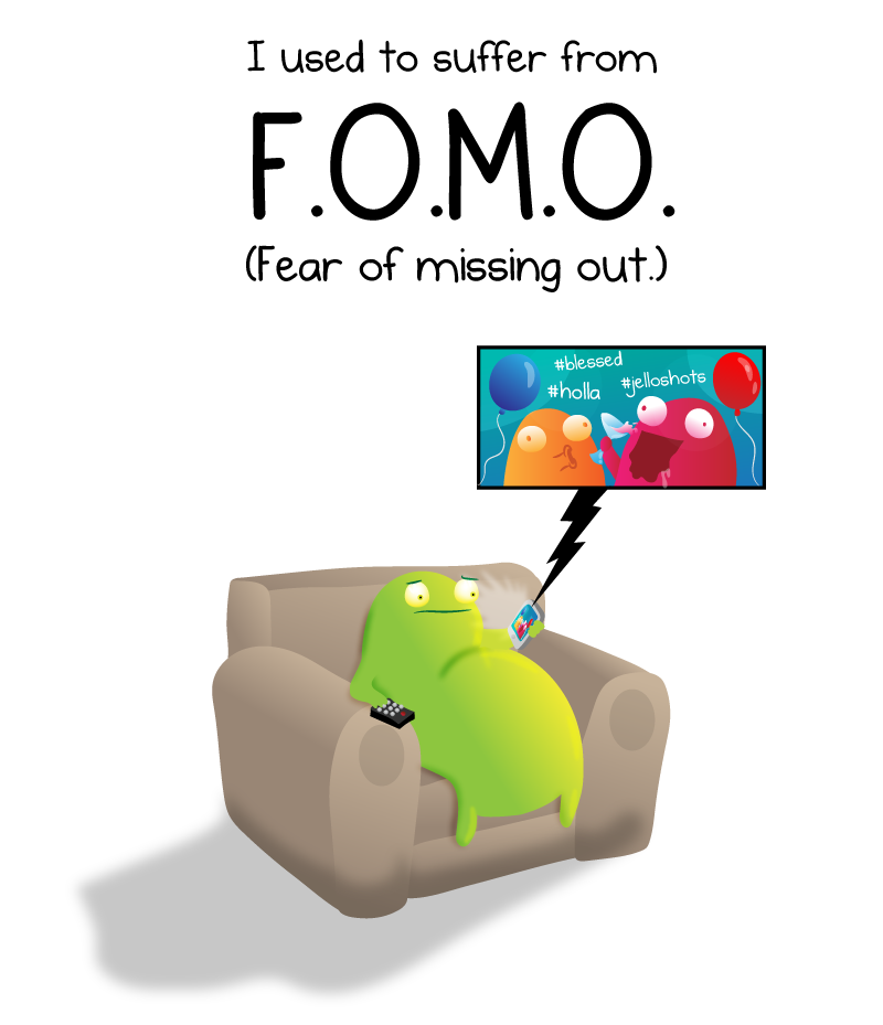 青年人使用社交媒體時，有可能會因怕趕不上朋友圈更新的速度及漏看動態而出現錯失恐懼症「FOMO」（fear of missing out）圖片取自: http://theoatmeal.com/comics/fomo